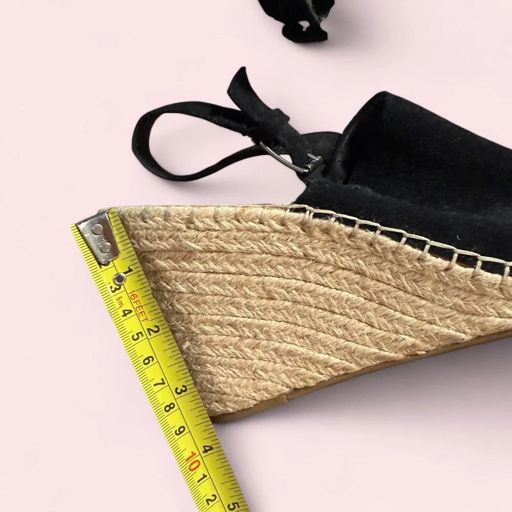 TOMS Black Suede Wedge Espadrille Sandals Women 10 Slingback Peep Toe Jute